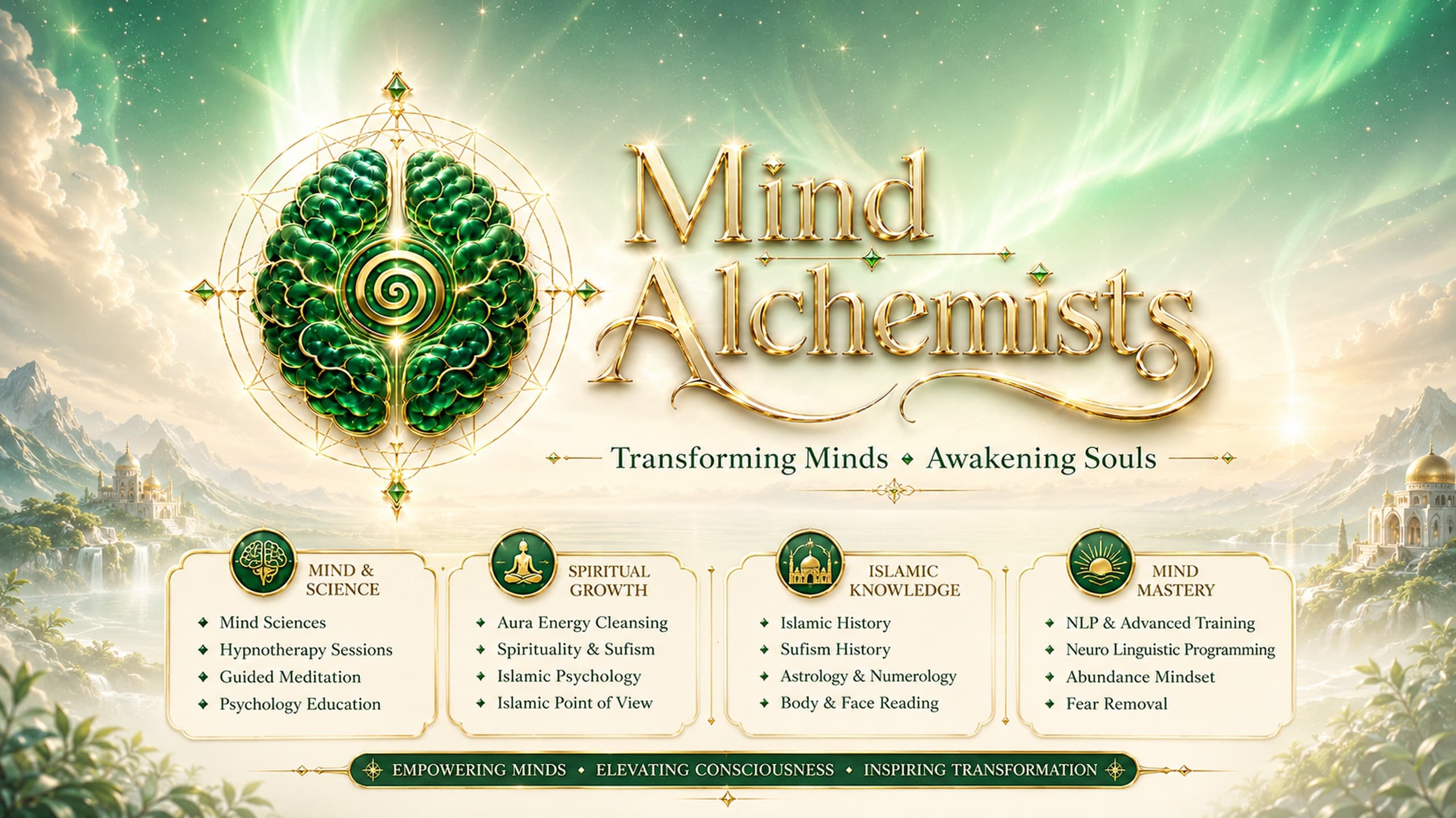 Mind Alchemists green and gold brand theme